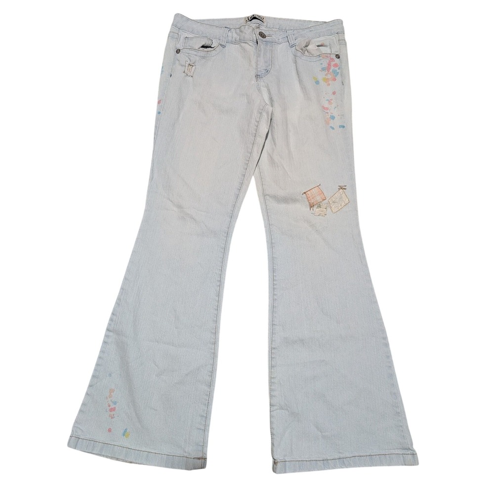 VTG L.E.I. Flare Jeans Womens 34x31 Light Wash Ashley Splatter Patchwork Y2K